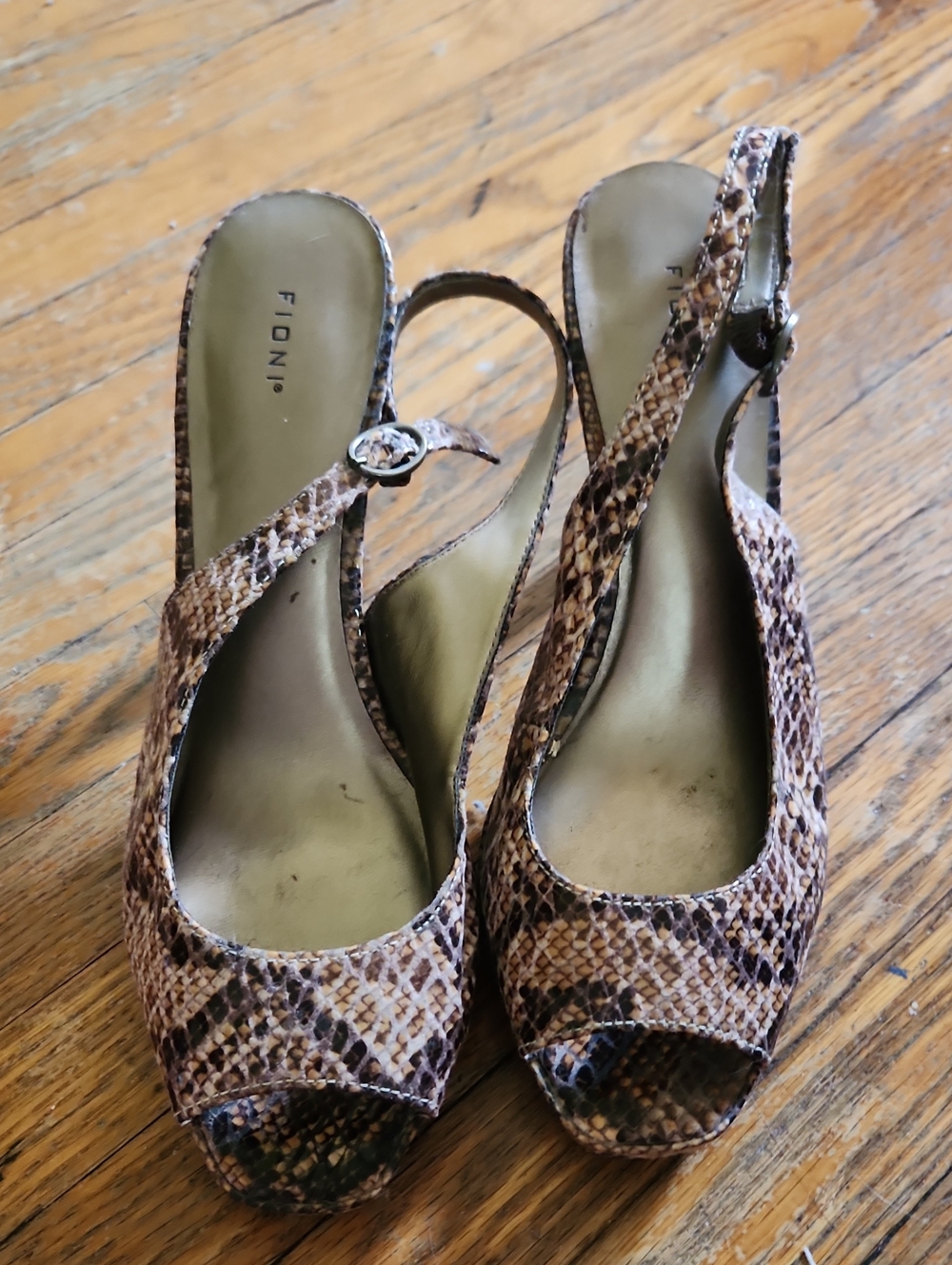 FIONI Clothing Brown Snake-Print Slingback Peep-Toe Heels
